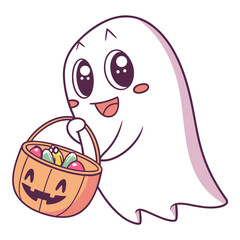 Kawaii ghost holding a jack o lantern candy bucket