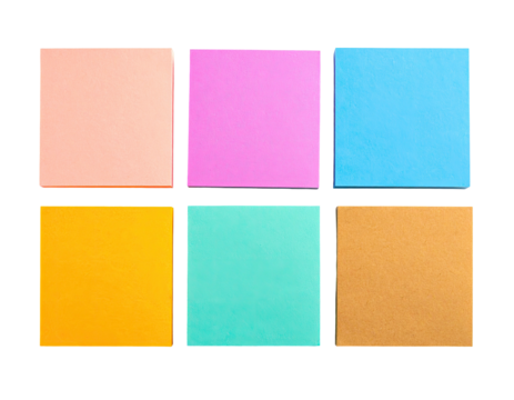 Six colorful adhesive square notepads arranged in a 2x3 grid