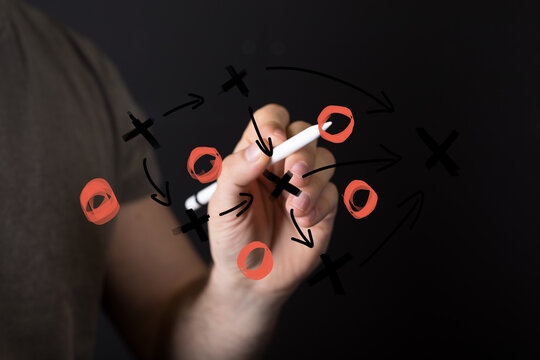 Image of a hand drawing a strategic plan, game plan, or playbook on a glass surface.  Perfect for business, sports, and strategy conc