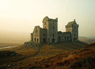 Ancient Scottish Abbey Ruins on a Golden Misty Hill
