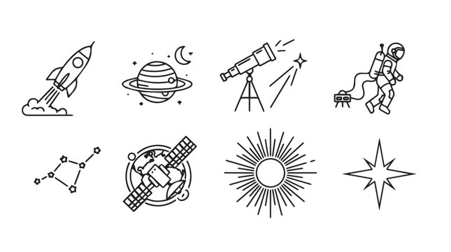 Whimsical hand-drawn space icons for cosmic adventures and celestial exploration vector