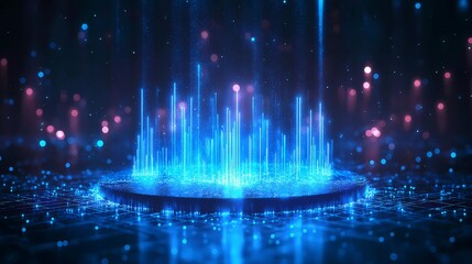 Futuristic Data Visualization – Digital Hologram Platform with Glowing Blue Light Bars in Virtual Space