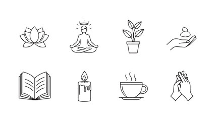 Meditative icons collection representing serenity mindfulness and inner peace in sketch style vector