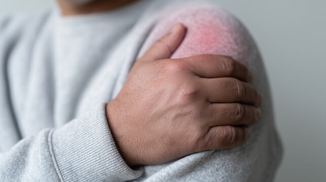 Man with shoulder pain is holding his left arm close to his body, showing discomfort. redness on his shoulder indicates inflammation. expression reflects sense of distress and concern