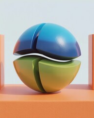 Abstract geometric sphere divided into blue and green segments on an orange surface