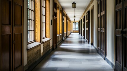 Hallway with natural light and wooden doors, creating a sense of depth and symmetry, perfect for architectural photography