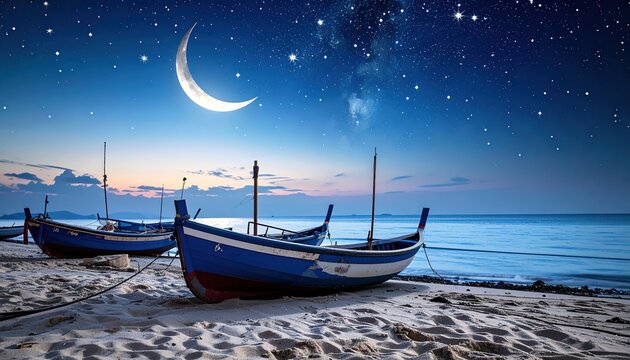 Peaceful fishing boats rest on a sandy beach under a starry night sky, illuminated by a crescent moon.