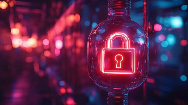 Neon Cyberpunk Security Lock in a Bottle, Digital Protection Theme Concept
