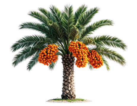 Realistic render of a palm tree with fruit bunches against a black background