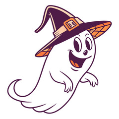 Playful ghost wearing witch hat on white background