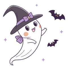 Playful ghost wearing witch hat with bats and stars