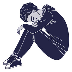 Person curled up in dark blue hoodie and pants sleeping