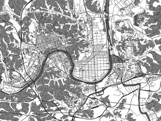 Obraz premium Hand-drawn style black and white city map of Chinju, Republic of Korea, with detailed streets and textures.