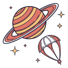 Red and yellow striped planet with rings and parachute