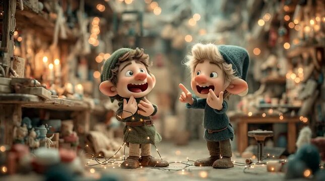 Funny 3D animated scene of two short elves in Santa&rsquo;s workshop &mdash; one tangled in glowing Christmas lights, the other laughing amid toys, tools, and warm festive light.

