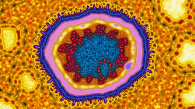 Scientific video animation depicting herpes simplex virus particle with structural composition