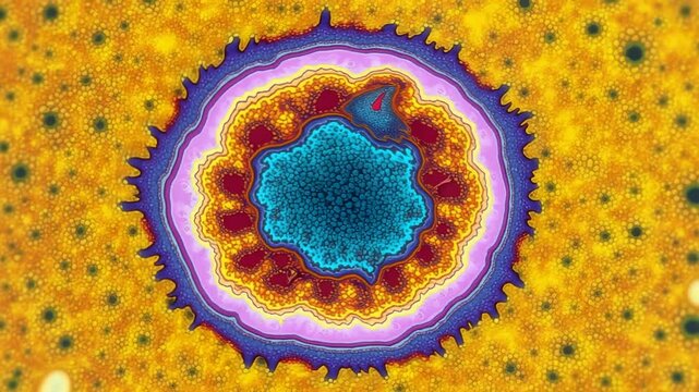 Educational video animation demonstrating herpes simplex virus with layered internal structures