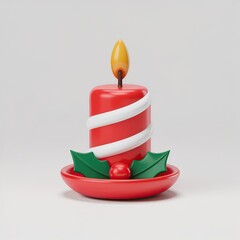 Festive red candle decoration with holly and white swirls