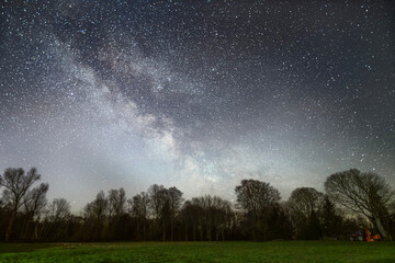 Night sky full of stars. Milky Way above the wheat field.