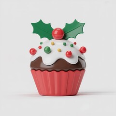 Festive christmas cupcake with holly and sprinkles on a gray background