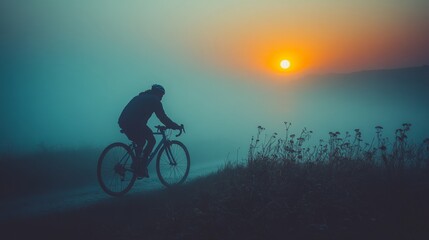 Fototapeta premium A cyclist navigates a foggy landscape at dawn, capturing the serenity of morning adventures