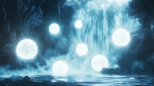 Mystical waterfall grotto illuminated by ethereal orbs in the serene blue night