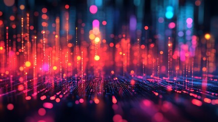 Vibrant illuminated network of data streams flowing in a digital space