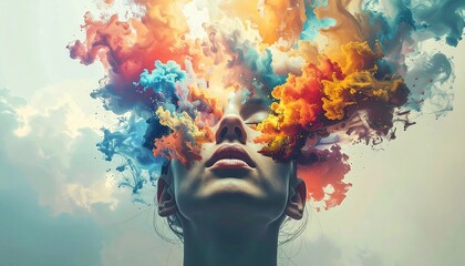 Explosion of Colorful Smoke from Womans Head.