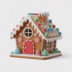 Decorated gingerbread house with colorful candy and icing on a white background