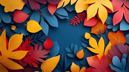 A vibrant arrangement of colorful paper leaves in shades of red, orange, yellow, and blue, creating a striking autumnal decor.