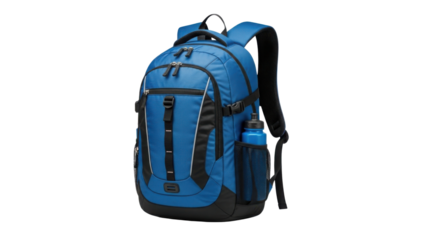 Blue backpack with water bottle isolated PNG with Transparent Background