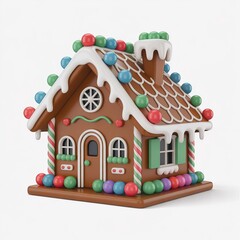 Festive gingerbread house decorated with colorful candies and icing
