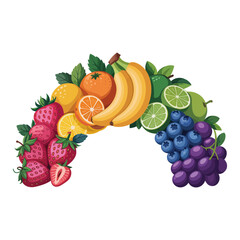 Fruit rainbow arch comprised of bananas oranges lemons limes grapes berries, colorful healthy food concept, fresh produce illustration