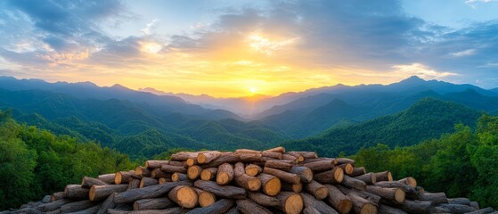 A beautiful sunset illuminates a mountainous landscape with a pile of logs in the foreground, This serene image is ideal for nature-themed projects, environmental awareness, or outdoor activities,