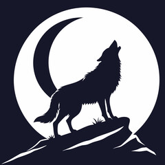 Silhouette wolf howling at crescent moon on rocky outcrop