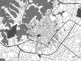 Stylized decorative city map of Seosan, Republic of Korea, hand-drawn in black and white.