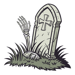 Naklejka premium Skeletal hand rising from grave with tombstone cemetery