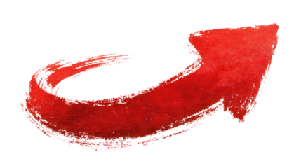 Hand painted red curved arrow pointing upwards isolated on transparent background