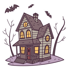 Spooky cartoon haunted house with bats and bare trees