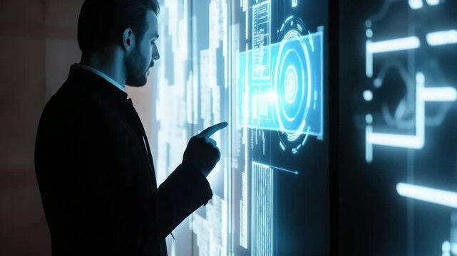 Man in suit interacting with a futuristic touch screen interface with glowing blue data display