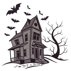 Spooky haunted house with bats and bare tree Halloween 2