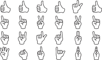 Hand gesture vector icons with thumbs up, pointing fingers, and signs