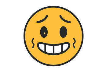 Awkward nervous emoticon with an embarrassed grimace. Cringe emoji showing teeth. Uncomfortable smiley face icon. Anxious yellow character vector illustration. Feeling tense.