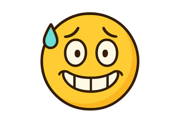 Awkward nervous emoticon with an embarrassed smile and sweat drop. Vector emoji of a grimacing face. Concept of anxiety, stress, worry, social discomfort, mistake, oops.