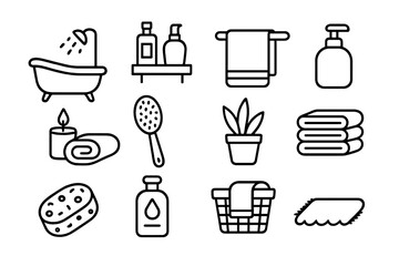 Bathroom outline icon set for hygiene and spa concepts. Vector collection of linear symbols: bathtub, shower, soap, shampoo, towel, sponge, candle. Self-care relaxation.
