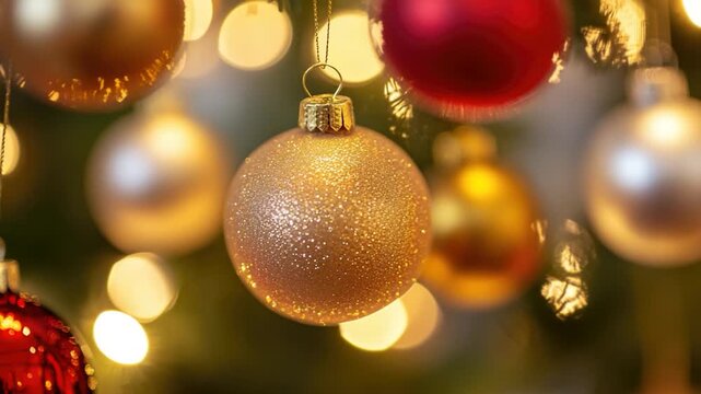 Decorative Christmas ornaments hanging from a festive tree branch, ideal for holiday season or winter theme