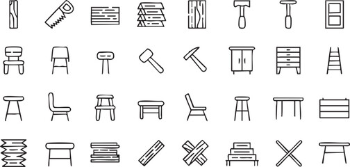 Obraz premium Furniture design and carpentry tool vector illustration set with stools and wood