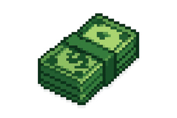 Pixel art money stack. 8-bit retro video game asset. Green cash bundle icon. Vector illustration of dollar banknotes. Concept for finance, wealth, savings, payment, currency.