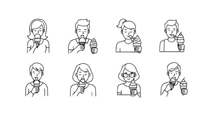 Sketch collection of diverse people enjoying refreshing ice cream cones and drinks vector