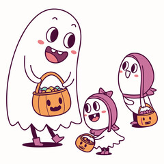 Three cute ghosts trick or treating with candy baskets 1